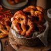 Goldbraune, gesalzene Laugenbrezen im Körbchen serviert